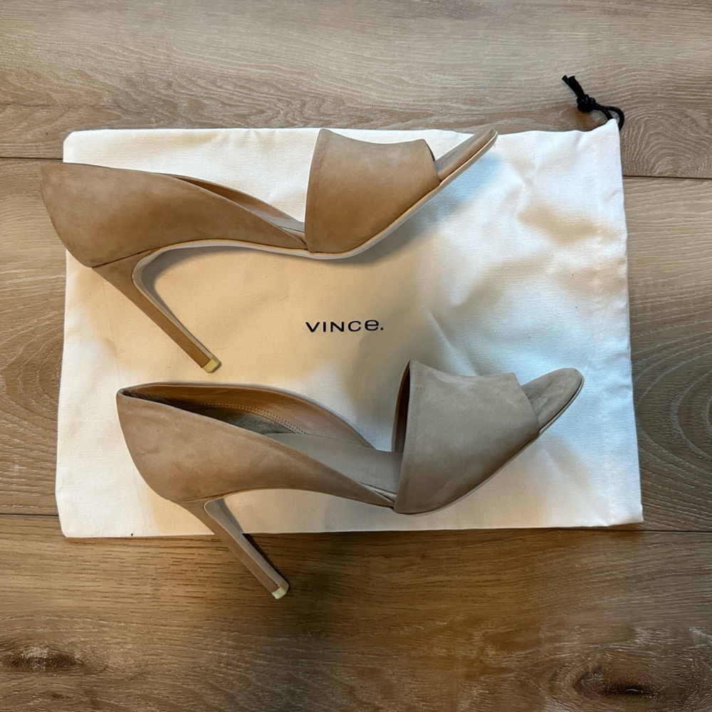 Like New Vince Beige Suede D’Orsay Open Toe Heels